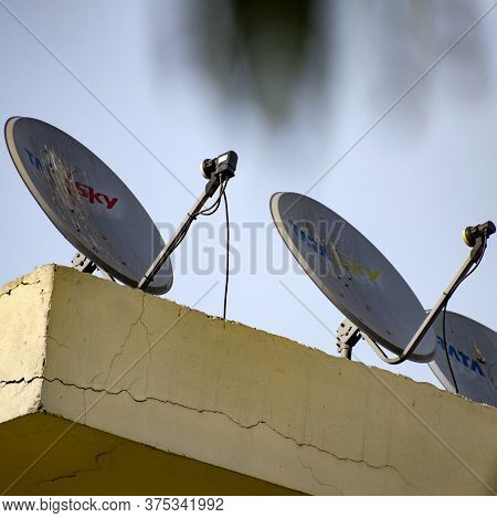 Delhi, 5 July 2020, India: Satellite Dish And Antenna Of Dish Tv, Tata Sky, Videocon Dth And Other D