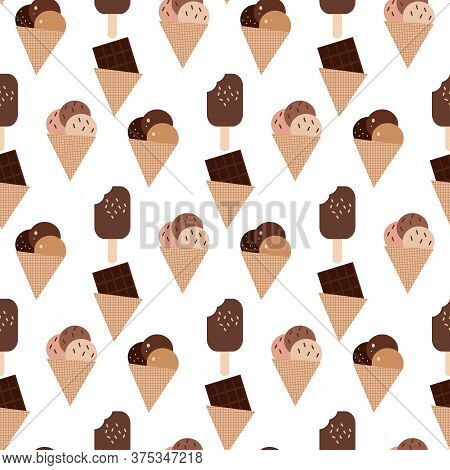 Seamless Pattern With  Ice Cream,  Waffle, Sweet Cupcakes, Pies And Tortes, Chocolate Ice Cream And 