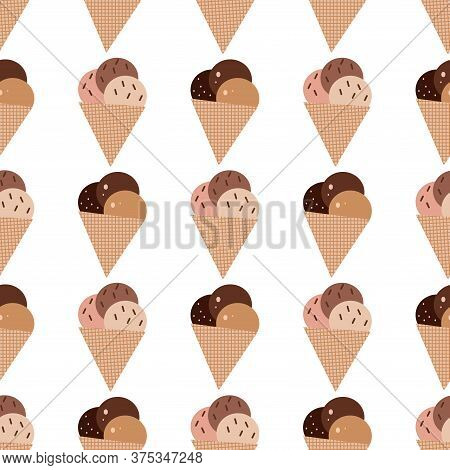 Seamless Pattern With  Ice Cream,  Waffle, Sweet Cupcakes, Pies And Tortes, Chocolate Ice Cream And 