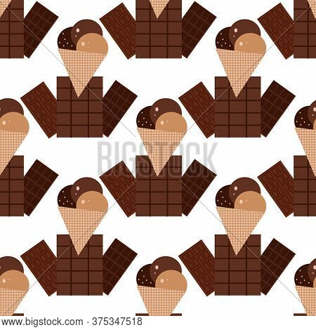 Seamless Pattern With  Ice Cream,  Waffle, Sweet Cupcakes, Pies And Tortes, Chocolate Ice Cream And 