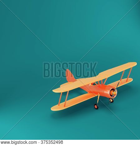 Toy Biplane On Dark Green Background. 3d Render