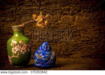 Small Decorative Ancient Buddha Lapis Lazuli With Green Art Vase Made In Cloisonne Technique On Grou