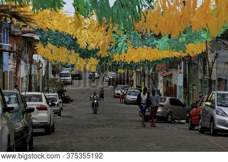 Muritiba, Bahia / Brazil - June 23, 2014: Decoration With Banderolas Is Seen On A Street In The City