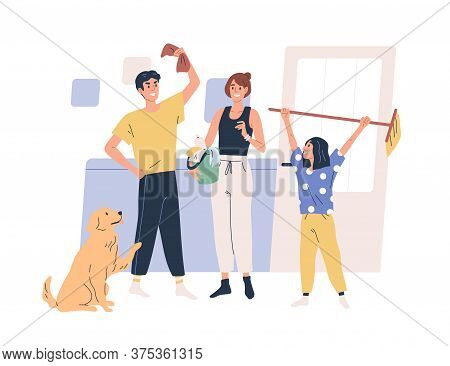 Smiling Family Doing Housework Together Vector Flat Illustration. Happy Father, Mother, Daughter And