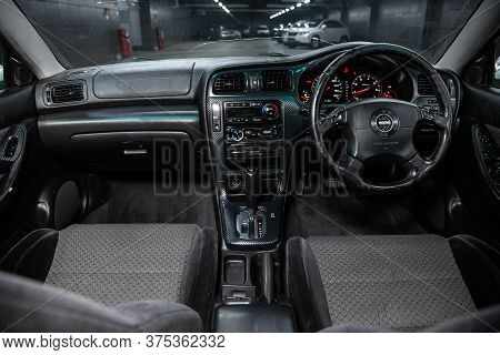 Novosibirsk/ Russia - July 07 2020: Subaru Legacy B4, Salon Of A New Stylish Car, Steering Wheel , D