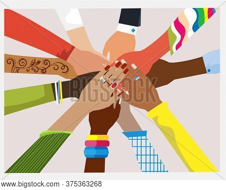 Hands Of Diverse Group Of Women Putting Together. Concept Of Sisterhood, Girl Power, Feminist Commun