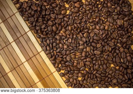 Coffee Beans And Wood Lines Background Brown