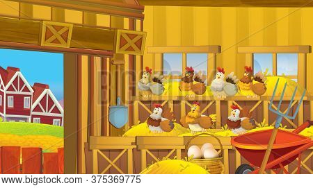 Cartoon Scene With Wooden Chicken Coop For Happy Hen And Eggs - Bright Illustration