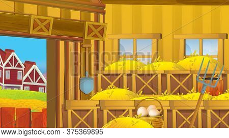 Cartoon Scene With Wooden Chicken Coop For Hen And Eggs - Bright Illustration