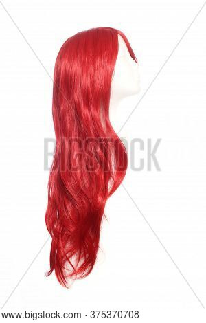 Red Wig On Mannequin Head Isolated On White Background