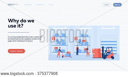 Logistic Workers Carrying Boxes With Loaders In Warehouse. Couriers Wheeling Carts With Cargo, Ridin