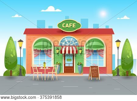City Summer Cafe. Bright Coffee Shop In The City With A Table. Vector Flat Illustration