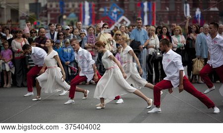 9 September 2014. Moscow, Russia. Festive Parade Near Red Square On Tverskaya Street. Dancing People