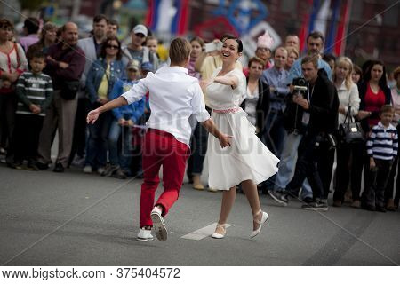 9 September 2014. Moscow, Russia. Festive Parade Near Red Square On Tverskaya Street. Dancing People