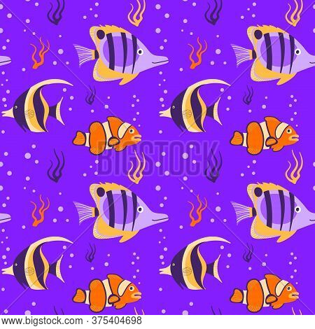 Tropical Fish With Seaweed Seamless Pattern On Purple Background. Exotic Underwater Creatures And La