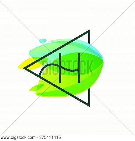 H Letter Logo In Triangle Frame At Green Leaves Watercolor Background. Vector Ecology Typeface For B
