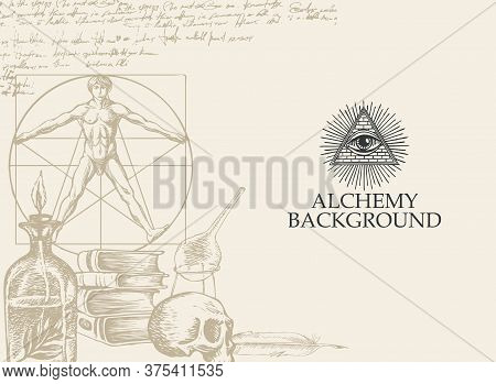 Alchemy Background. Vintage Artistic Illustration On Alchemical Theme With Scribbles Imitating Handw