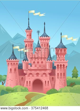 Castle In The Mountains. Princess Castle. The Building Of The Middle Ages. Vector Illustration