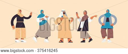 Set Arabic People In Traditional Clothes Arab Men Women Standing Pose Male Female Cartoon Characters