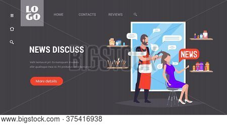 Male Hairdresser Cutting Hair Tips Of Woman Client And Discussing Daily News Chat Bubble Communicati