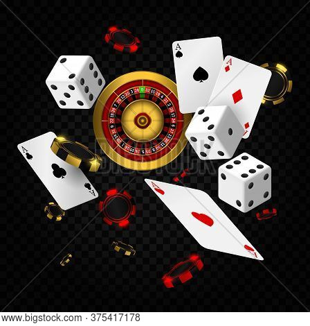 Casino Elements Vector Falling. Casino Roulette With Chips, Red Dice Realistic Gambling Poster Banne
