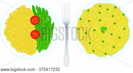Set Of Classic Italian Pasta Dishes Containing Fusilli Pasta With Tomatoes And Asparagus And Spaghet