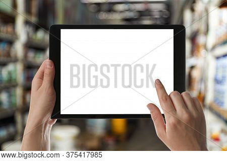 Wholesale Trading. Woman Using Wms App On Tablet At Warehouse, Closeup