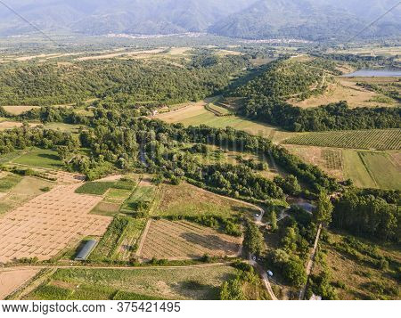 Aerial View Of Strumeshnitsa River Passing Through The Petrich Valley, Bulgaria
