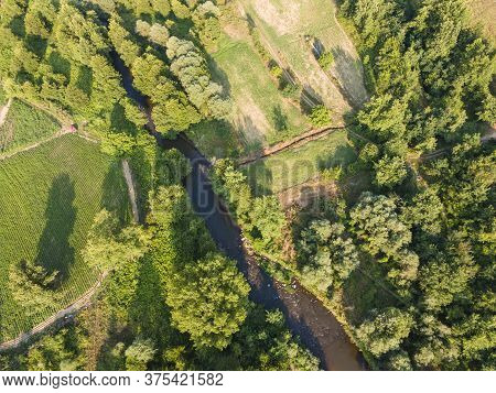 Aerial View Of Strumeshnitsa River Passing Through The Petrich Valley, Bulgaria