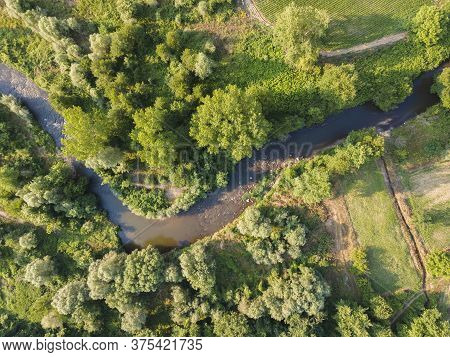 Aerial View Of Strumeshnitsa River Passing Through The Petrich Valley, Bulgaria