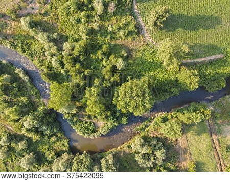 Aerial View Of Strumeshnitsa River Passing Through The Petrich Valley, Bulgaria