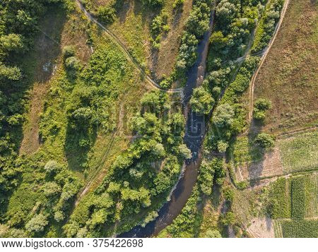 Aerial View Of Strumeshnitsa River Passing Through The Petrich Valley, Bulgaria