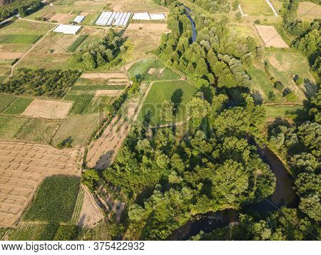 Aerial View Of Strumeshnitsa River Passing Through The Petrich Valley, Bulgaria