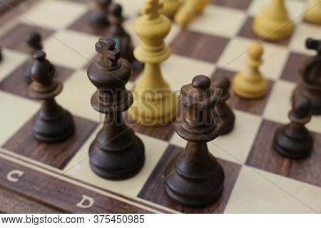 Chess Pieces On The Board. Wooden Chess Pieces On The Chessboard.