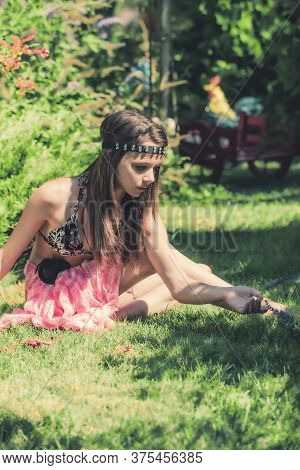 Portrait Of Beautiful Cute Brunette Teenager Model With Makeup, Poreo, In Summer Colorful Swimsuit P