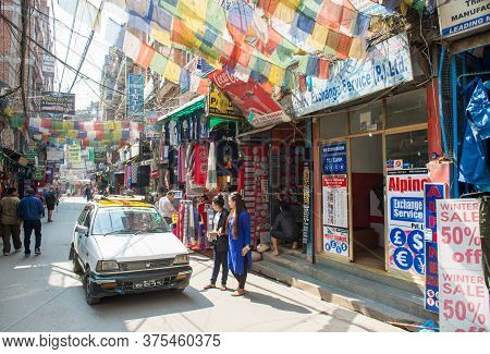 Kathmandu, Nepal : October-17-2018 : Market Street In Thamel District Of Kathmandu. Thamel Is A Tour