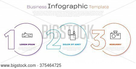 Set Line Wooden Log, Lighter And Photo Camera. Business Infographic Template. Vector