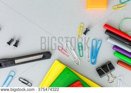 Material For School, Paper Clips, Pencils, Colors, Scisor And Notebook