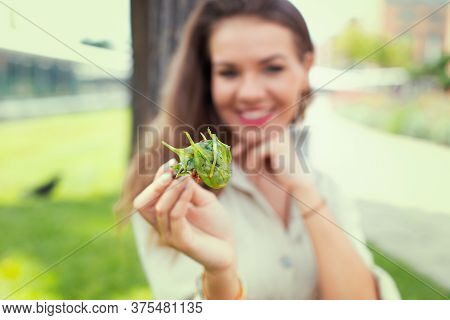 Happy Young Latina Woman Offering Salad, Depth Of Field