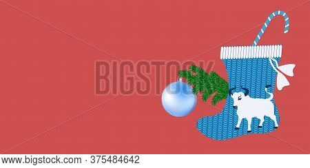 Christmas Gift Sock, Knitted, Bull, Lollipop, Spruce Branch, Ball - Vector. New Year Banner