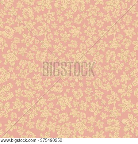 Vector Flowers Yellow Daffodils Seamless Pattern On Pink Background. Surface Pattern Design. Great F
