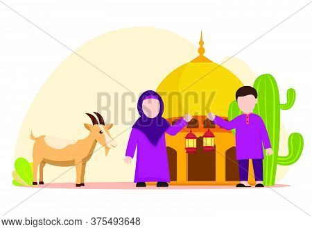Vector Illustration Graphic Of Qurban. A Mosque And Muslim People With Qurban Cow. Perfect For Poste