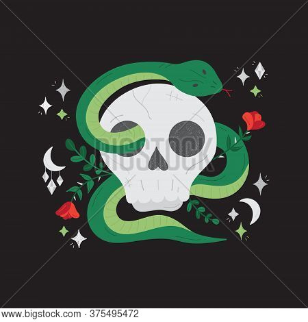 Skull With Snake And Flowers Vector Hand Drawn Illustration. Cool Witchy Printable Design. Isolated 