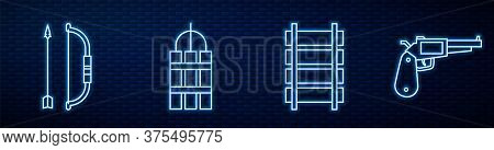 Set Line Railway, Railroad Track, Bow And Arrow In Quiver, Detonate Dynamite Bomb Stick, Revolver Gu