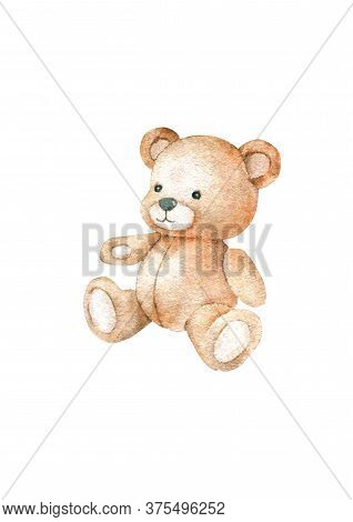 Cute Taddy Bear Hand Drawn Watercolor Isolated Illustration On White Background
