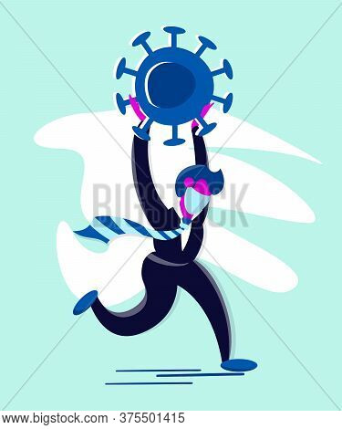 World Financial Crisis Concept. Businessman Holds A Coronavirus In His Hands And Tries To Escape Fro