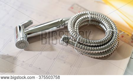 Bidet Shower, Faucet, Rinsing Spray On The Blueprint With The Ray Light At The Top Right Corner, Equ