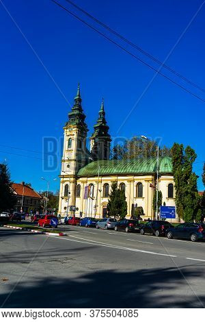 Cars In Traffic In Downtown Near Orthodox Church Of Lugoj, Romania, 2020