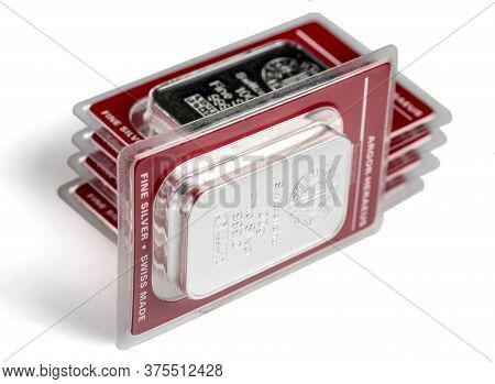 Kiyv, Ukraine - December 05, 2018: Several Minted Silver Bars Weighing 100 Grams In Transparent Blis