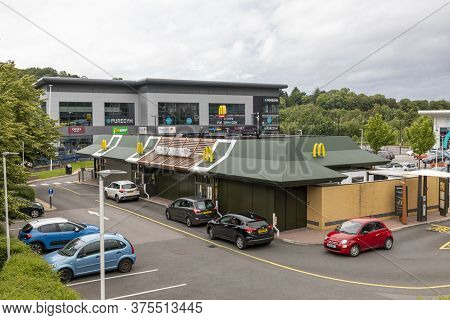 Sheffield, South Yorkshire, England - July 2 2020: Cars Queuing At A Mcdonald's Drive Through In She